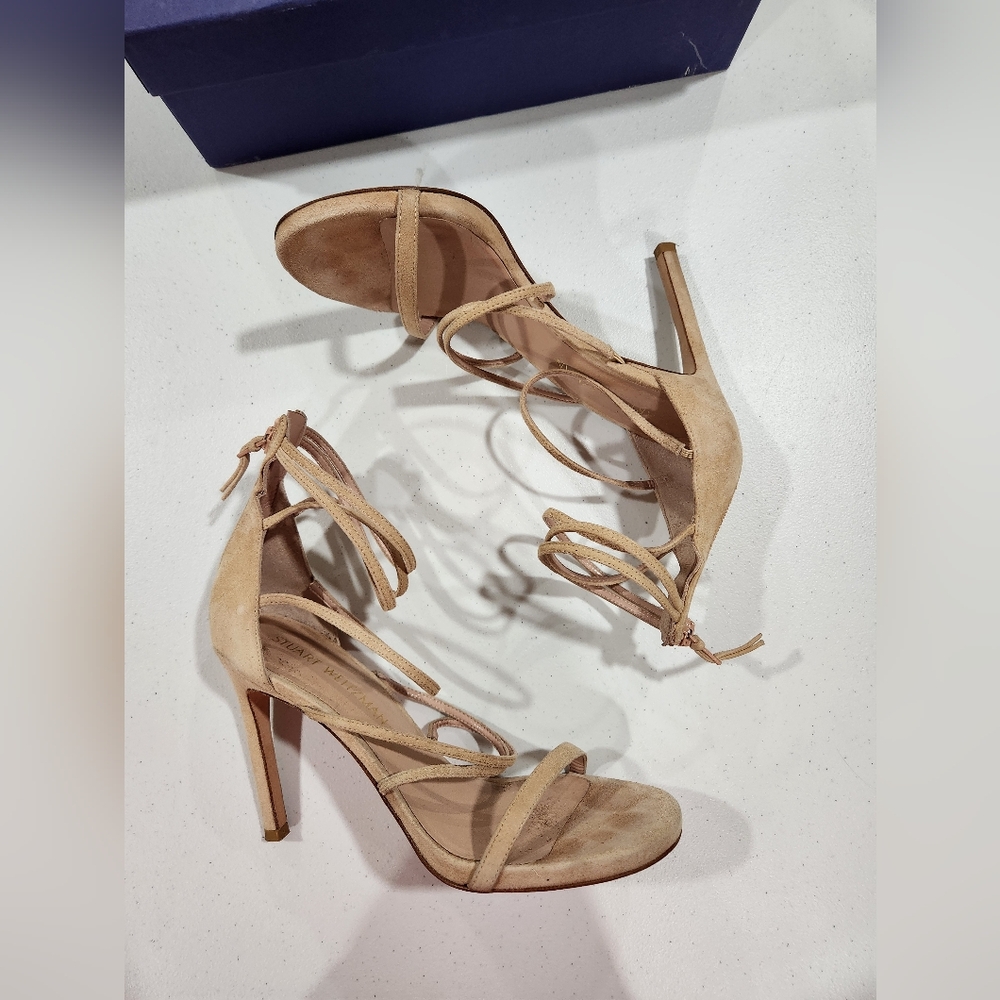 Stuart Weitzman Myex Bisque Suede Tan Strappy Heels Sandals Vanessa Hudgens View 4